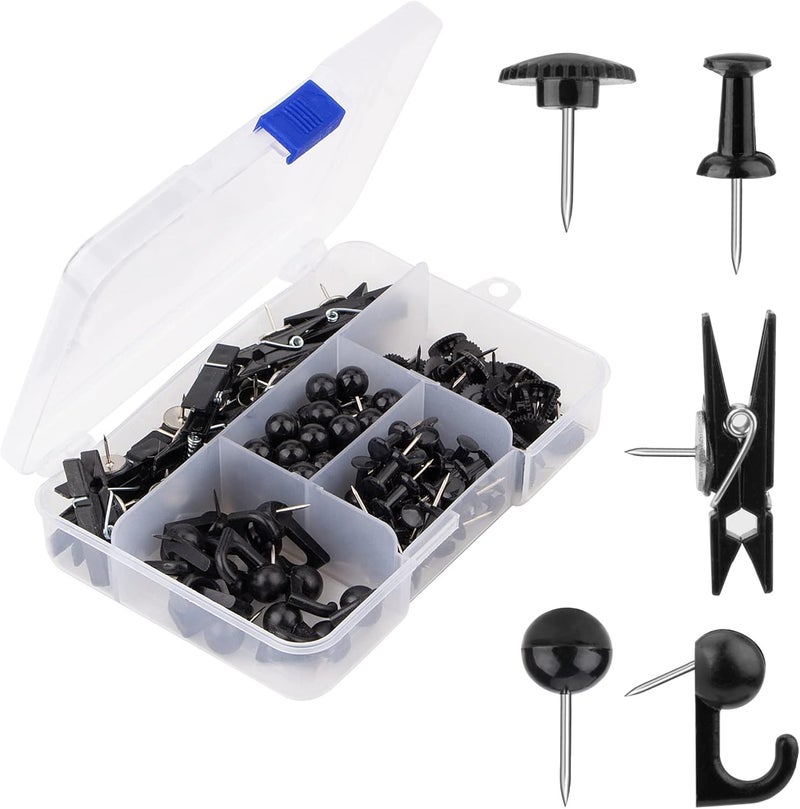 Yalis Black Push Pins Set, 5 Styles 140-count Thumb Tacks Map Pins, Steel Point and Dark Plastic Head Pushpins Black Thumbtacks for Cork Board Bulletin Boards (Black-140pcs) - Image 1